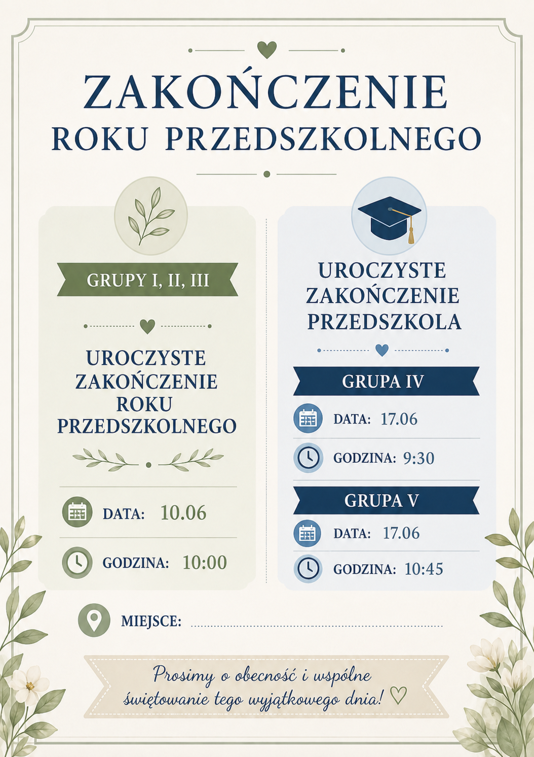 ogłoszenie przedstawiające informacje dotyczące dnia i godziny zakończenia roku