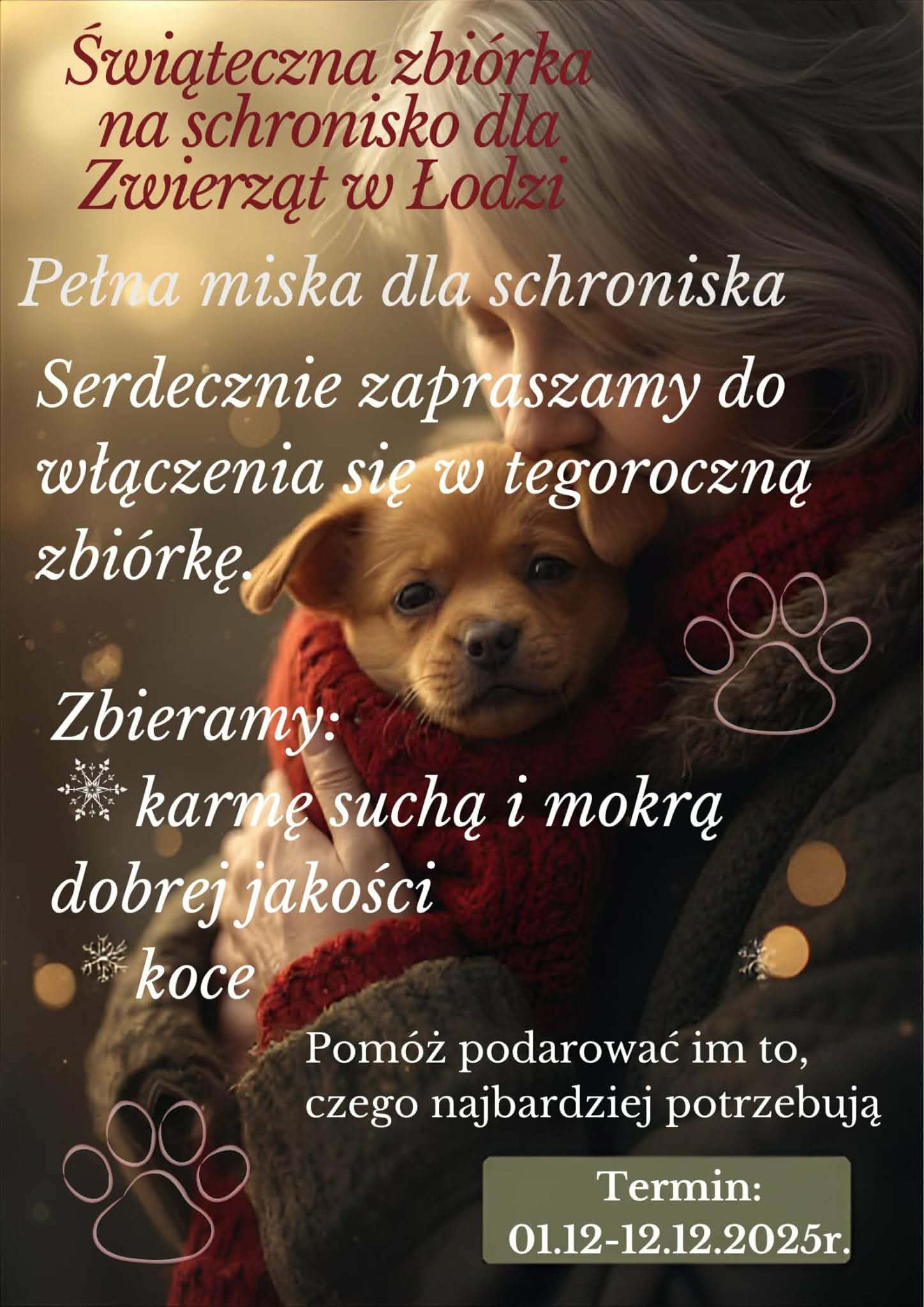 Ogłoszenie o zbiórce darów dla schroniska dla zwierząt przedstawiające człowieka z psem