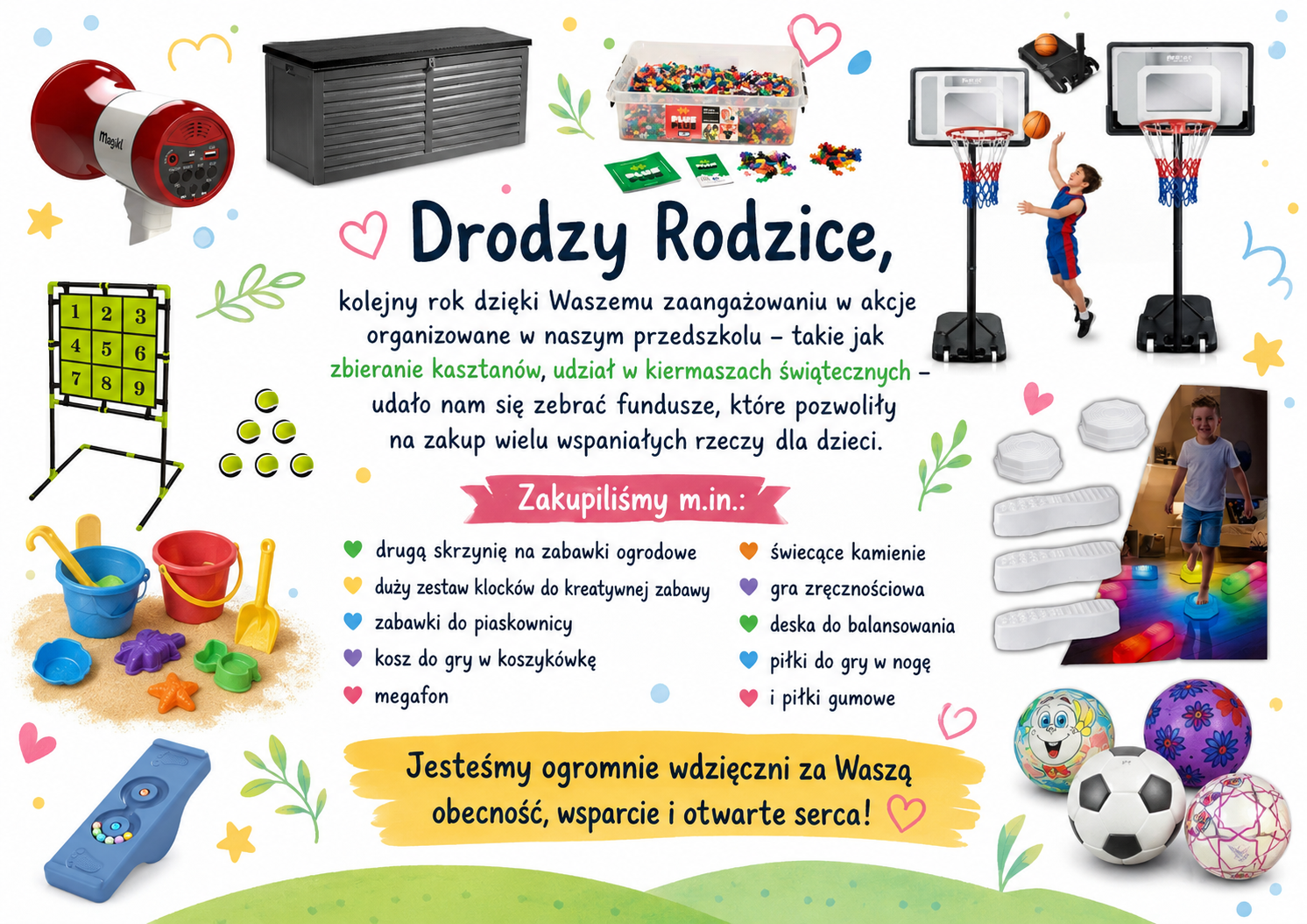 Podziękowanie rodzicom za włączenie się w akcje kasztanorania, przedstawiające zakupione przedmioty typu: kufer, piłki, kosz do gry itd.