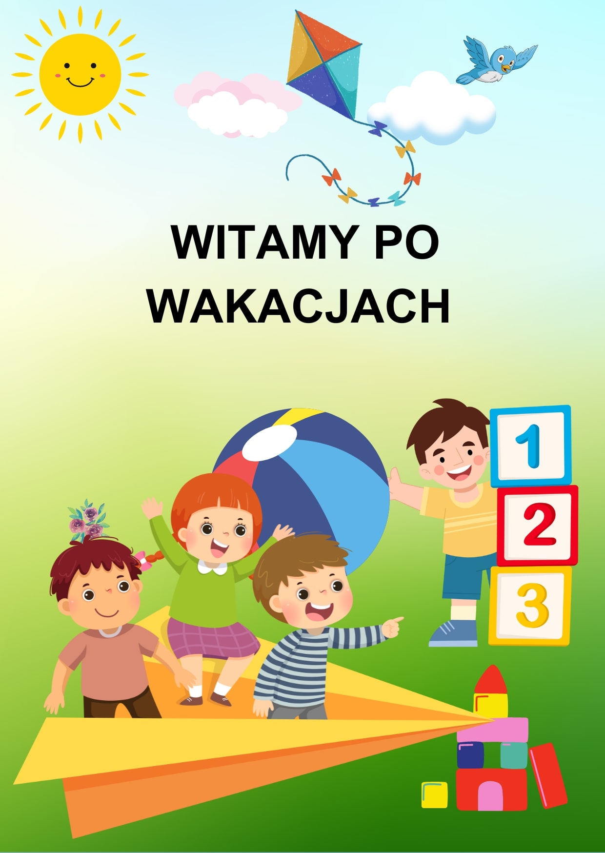 zdjęcie przedstawiające dzieci oraz napis Witamy po wakacjach
