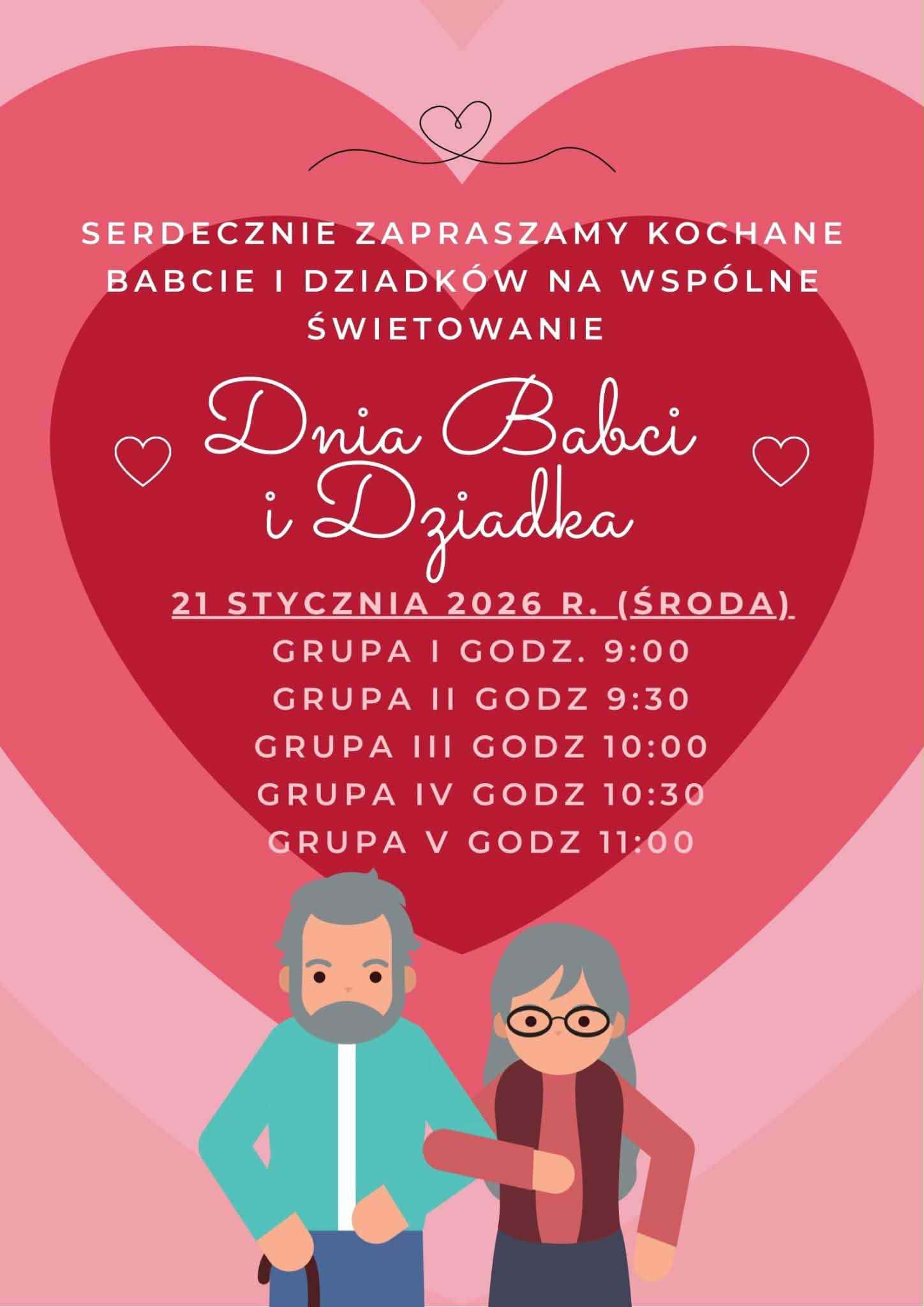 Ogłoszenie o uroczystości dla Babci i Dziadka, przedstawione na tle serc