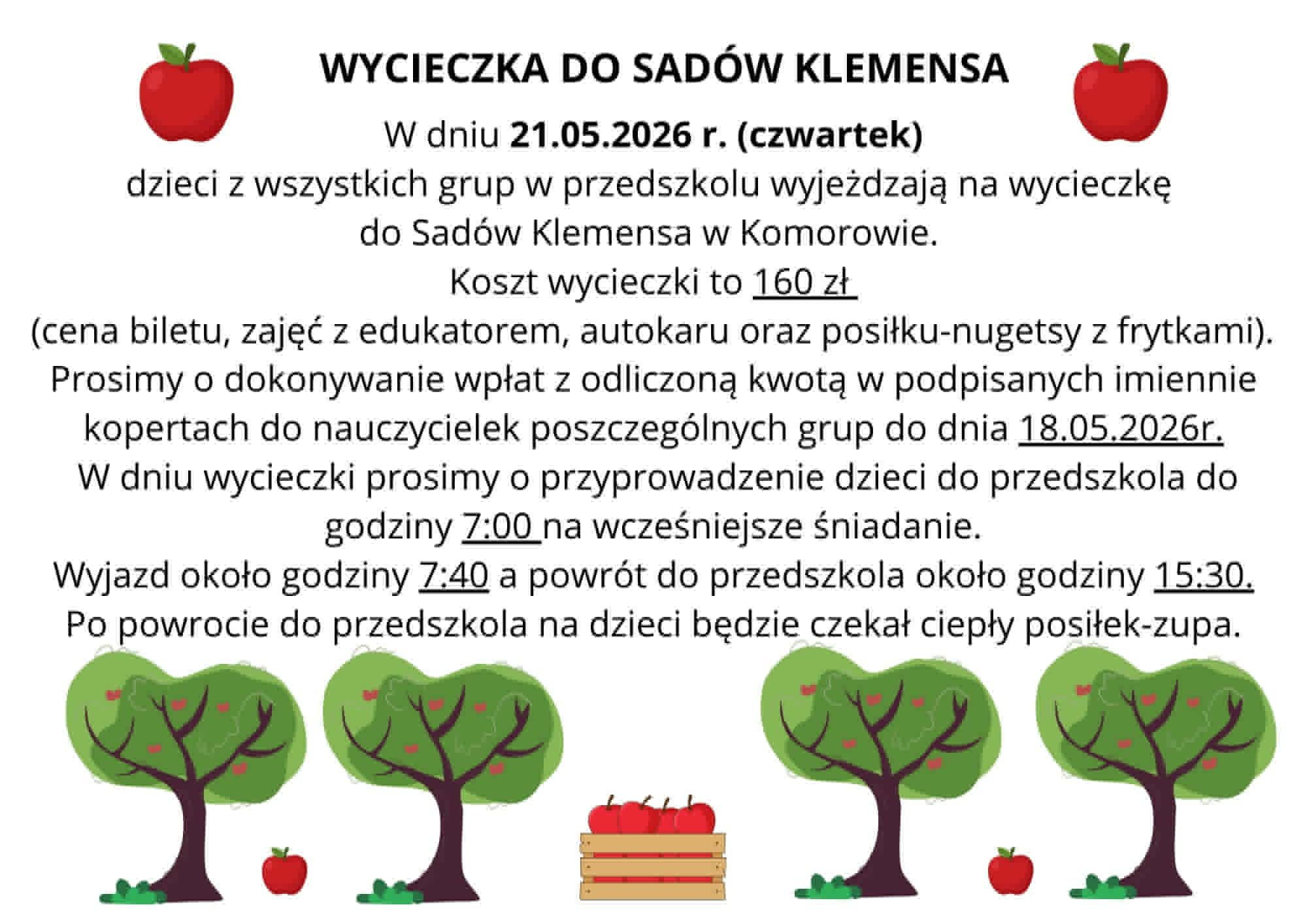 ogłoszenie dotyczące wycieczki, w tle elementy przedstawiające sad, jabłka