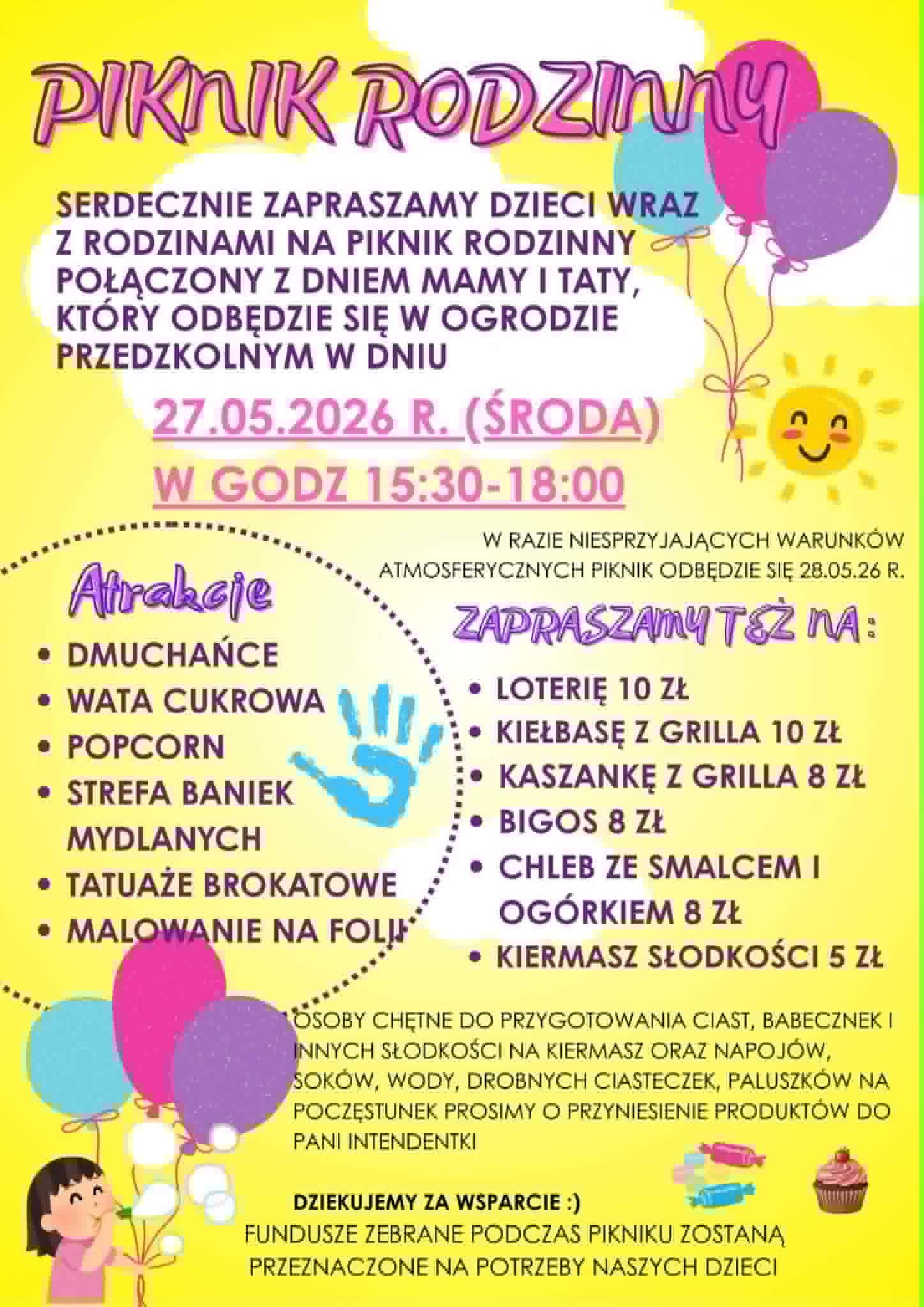 Ogłoszenie z informacjami dotyczącymi pikniku rodzinnego